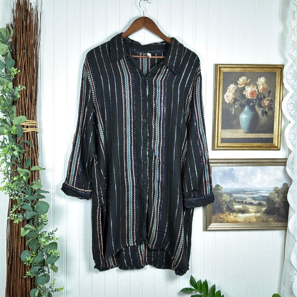 Elan Button Down Shirt Oversized  Small Black Excellent Metallic Stripe Tunic